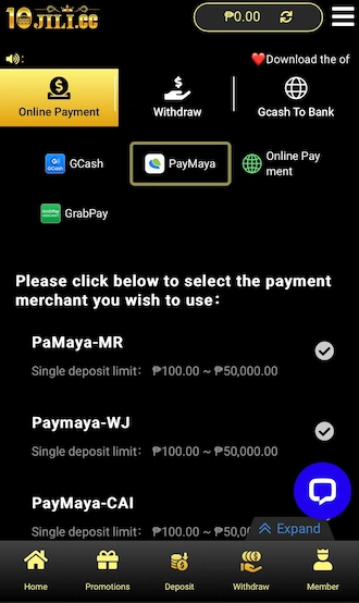 Step 1: Select Pay Maya deposit method. 